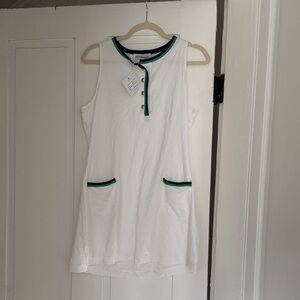Club court Chrissy White Sleeveless tennis Dress with Green & Navy Trim